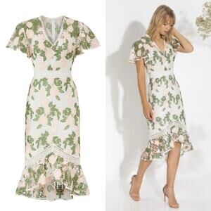 Shoshanna Sinclaire Dress Floral Lace Flutter Sleeve Midi Sheath Green Cream 8